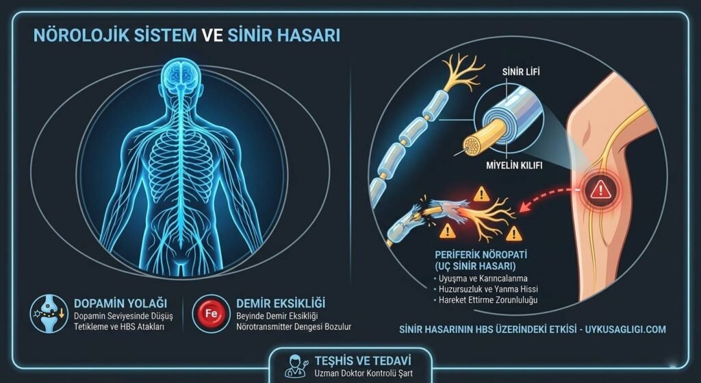Huzursuz Bacaklar Sendromu. Nörolojik sistem ve sinir hasarı.